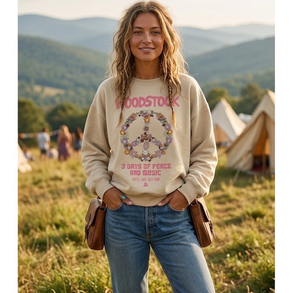 Woodstock Floral Peace Sign Graphic Sweatshirt Tan Pink Crewneck Large